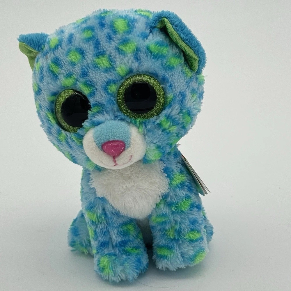 Ty Beanie Boo Leona Blue Green Leopard Cat 6 Inch Plush‎ Stuffed Animal 2014 HTF